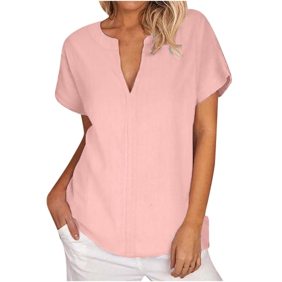 tklpehg Womens Short Sleeve Shirts Vintage Solid Color Going Out Tops Lightweight Loose Blouses Casual Summer V-Neck Button Shirts Tshirt (Pink,M)