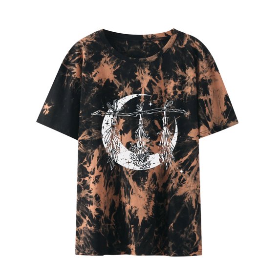 tklpehg Womens Short Sleeve T Shirts Summer Casual Round Neck Tie Dye Shirts Moon Graphic Tops Loose Confy Blouses A-Black XXL