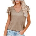 thumbnail image 1 of tklpehg Womens Short Sleeve Tops Comfortable Relaxed Fit V Neck Ruffle Sleeve Basic Tops for Women Short Sleeve Shirts Solid Color Tunic Tops Leisure Tops Blouse Khaki 6(M), 1 of 7