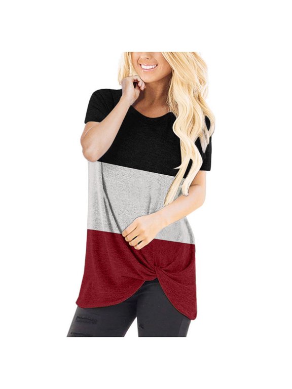Womens Short Sleeve Tops Leisure Summer Loose Fit Lightweight Blouse Short Sleeve T Shirts Crew Neck Front Twist Basic Color Block Graphic Fashion Tops Red L