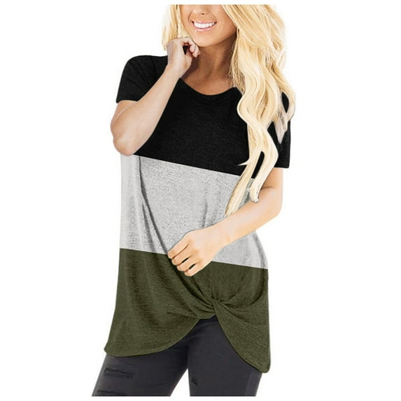 tklpehg Womens Short Sleeve Tops Leisure Summer Loose Fit Lightweight Blouse Short Sleeve T Shirts Crew Neck Front Twist Basic Color Block Graphic Fashion Tops Green M