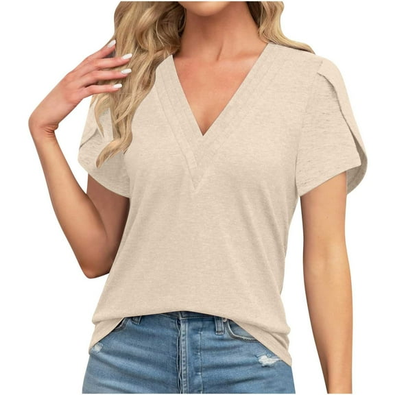 tklpehg Womens Short Sleeve Tops Going Out Tops Lightweight Loose Blouses Casual V-Neck Petals Sleeve Tops Summer Vintage Solid Color Tshirt (Beige,L)