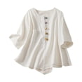 thumbnail image 1 of tklpehg Womens Short Sleeve Tunic Tops Vintage Crewneck Cotton Linen Button Shirts Summer Lightweight Loose Blouses Solid Color Casual Going Out Tops Tshirt (White,XL), 1 of 4