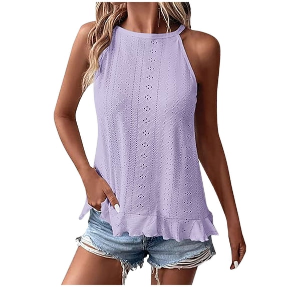 tklpehg Womens Sleeveless Shirts Crewneck Hem Ruffle Eyelet Shirts Summer Lightweight Loose Blouses Vintage Solid Color Casual Going Out Tops Tshirt (Purple,M)