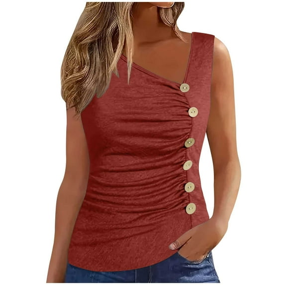 tklpehg Womens Sleeveless Tops Vintage Summer Lightweight Loose Blouses Solid Color Going Out Tops Casual V-Neck Button Pleated Tank Shirts Tshirt (Wine,S)