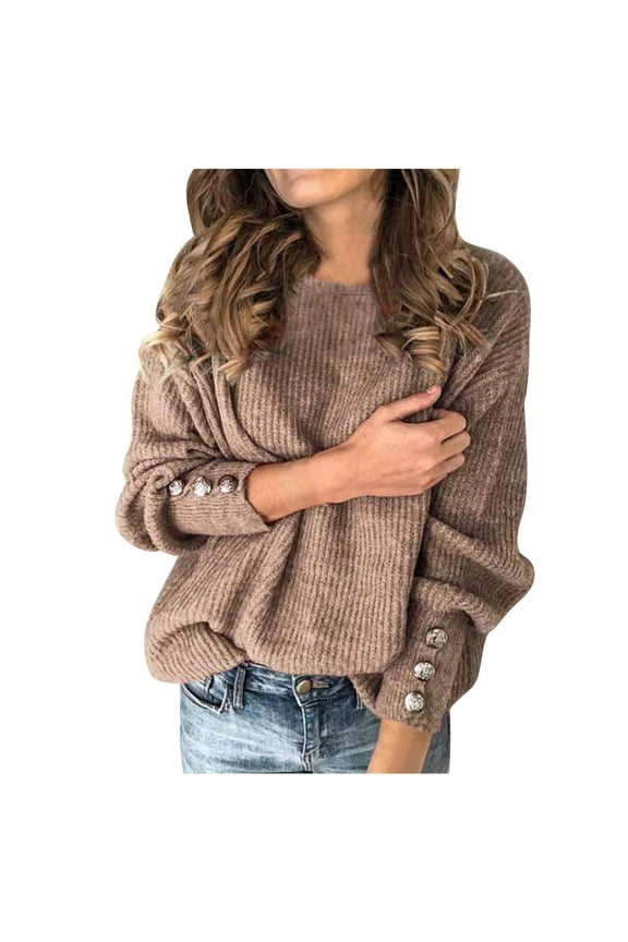 Womens Sweater Knitted Jumper Sweater Solid Color Long Sleeve Blouse Loose Womens Tops Round Neck Fall Clothes Comfy Khaki XL