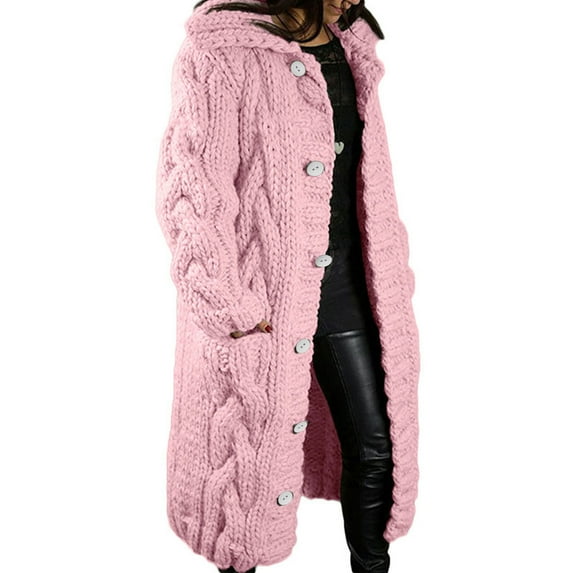 tklpehg Womens Sweaters Fall Long Sweaters for Women Open Front Coats Long Sleeve Cable Knit Long Cardigan Open Front Button Sweater Outerwear Pink XXL
