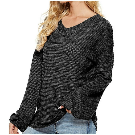 tklpehg Womens Sweaters Fashion Fall Winter Warm Sweater Long Sleeve Tops V-Neck Sweater Solid Color Casual Loose Knit Sweater Pullover Sweaters Black S