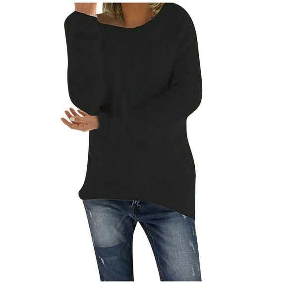 tklpehg Womens Sweaters Solid Loose Fit Blouse Lghitweight Comfy Tops Fall Winter Long Sleeve Tops Casual Crewneck Pullover Tops Trendy Tops Black S