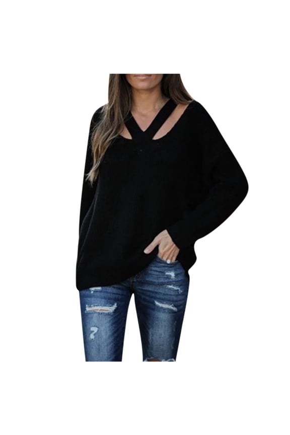 Womens Sweaters V-Neck Sweater Solid Color Casual Knit Sweater Loose Fall Winter Warm Sweater Fashion Long Sleeve Tops Pullover Sweaters Black S