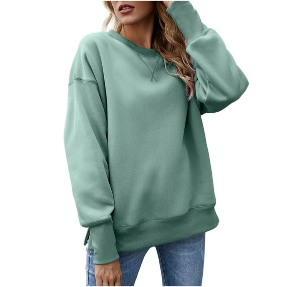 tklpehg Womens Sweatshirts Crewneck Plush And Thickened Solid Color Fall Fashion Round Neck Sweatshirt Casual Comfortable Long Sleeve Tops Pullover Green L