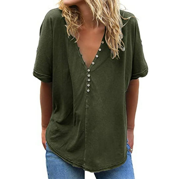 tklpehg Womens T Shirt Short Sleeve Clearance Summer Loose Ladies Tops Short Sleeve Tops Leisure Fashion V-Neck Button Tees Shirts Plain Colored Shirt Green 4(S)