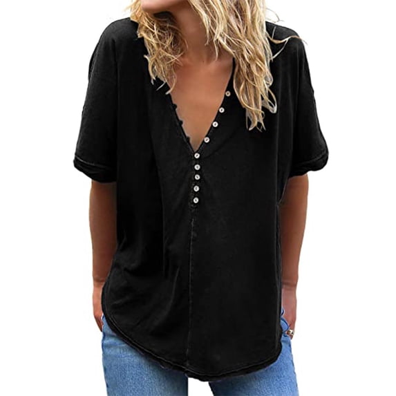 tklpehg Womens T Shirt Short Sleeve Summer Loose Ladies Tops Short Sleeve Tops Leisure Fashion V-Neck Button Tees Shirts Plain Colored Shirt Black 8(L)