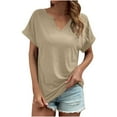 thumbnail image 1 of tklpehg Womens Tops Causal Short Sleeve T Shirts Fashion Plain Colored Short Sleeve Tops Summer Loose Ladies Tops Leisure Notch Neck Tees Shirts Tops Khaki 14(XXXL), 1 of 8