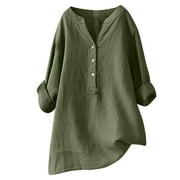 tklpehg Womens Tops Clearance 3/4 Sleeve Cotton and Linen Tunic Tops Solid Color Plus Size V Neck Button Relaxed Fit Blouse Army Green 18(XXXXXL)