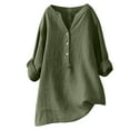 thumbnail image 1 of tklpehg Womens Tops 3/4 Sleeve Cotton and Linen Tunic Tops Solid Color Plus Size V Neck Button Relaxed Fit Blouse Army Green 8(L), 1 of 6