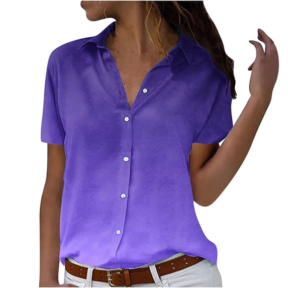 tklpehg Womens Tops Dressy Casual Ladies Tops Summer Lapel Gradient Printed Relaxed Fit Short Sleeve T Shirts Blouses Purple 6 (M)