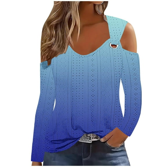 tklpehg Womens Tops Dressy Casual Lightweight Comfy Long Sleeve Tops Going Out Tops Tunic Tops V-Neck Gradient Color Loose Blouses (Blue,L)