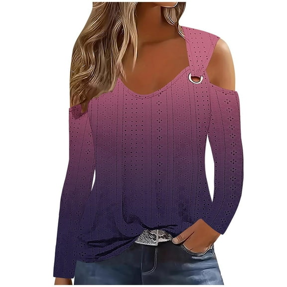 tklpehg Womens Tops Dressy Casual Lightweight Comfy Long Sleeve Tops Going Out Tops Tunic Tops V-Neck Gradient Color Loose Blouses (Purple,L)