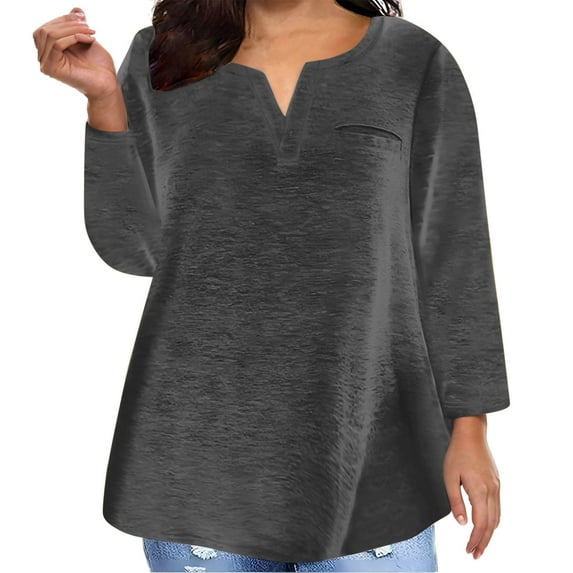 tklpehg Womens Tops Dressy Casual Plus Size Long Sleeve Tunic Tops V-Neck Classic Solid Color Comfy Loose Lightweight Going Out Tops Blouses (Gray,M)
