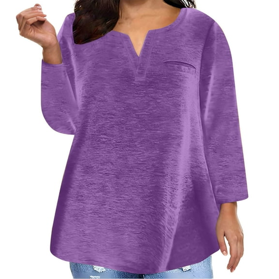 tklpehg Womens Tops Dressy Casual Plus Size Long Sleeve Tunic Tops V-Neck Classic Solid Color Comfy Loose Lightweight Going Out Tops Blouses (Purple,XXXXXL)