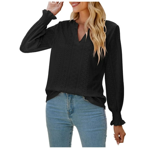 tklpehg Womens Tops Dressy Casual Solid Color Long Sleeve Shirts Fall Loose Lightweight Blouse V-Neck Tunic Tops Ladies Tops Casual Pullover Top Black XL