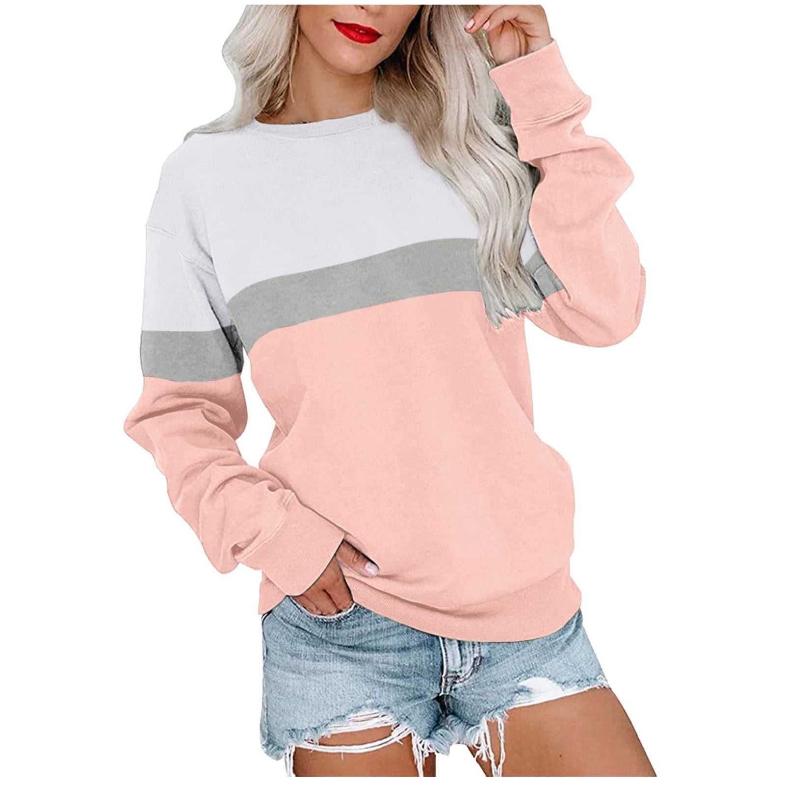 Pullover Sweatshirts for Women Fashion Color Block Classic Crew Neck Long  Sleeve Basic Tee Fall Cute Lightweight Tops(Yellow,XL) 
