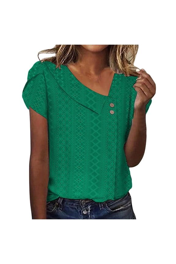 Womens Tops Solid Color Summer Going Out Tops Casual Short Sleeve Tee Shirt V-Neck Button Eyelet Shirts Vintage Lightweight Loose Blouses Tshirt (Green,M)