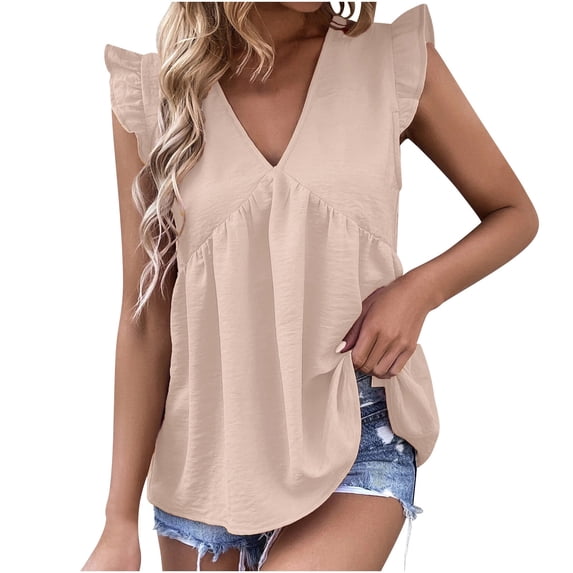 tklpehg Womens Tops Summer V-Neck Pleated Elegant Shirt Sleeveless Tee Shirt Vintage Solid Color Lightweight Loose Blouses Going Out Tops Casual Blouses (Khaki,XL)