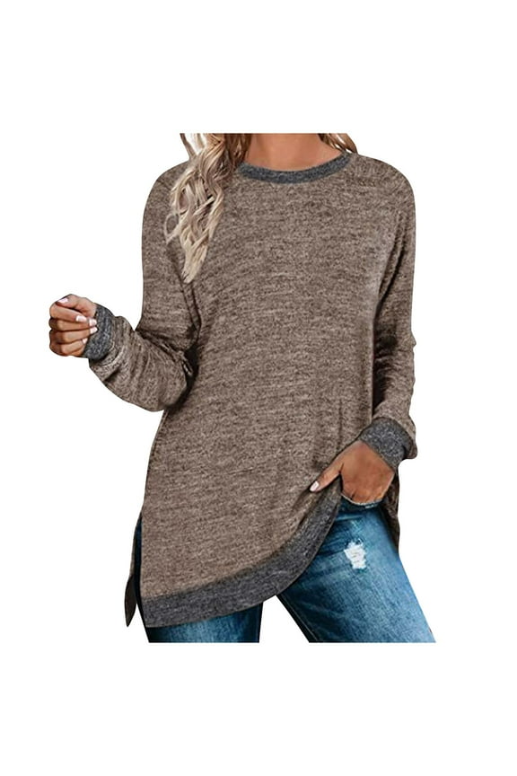 Womens Tunic Tops Loose Going Out Tops Lightweight Long Sleeve Tops Crewneck Classic Solid Color Casual Blouses (Brown,S)