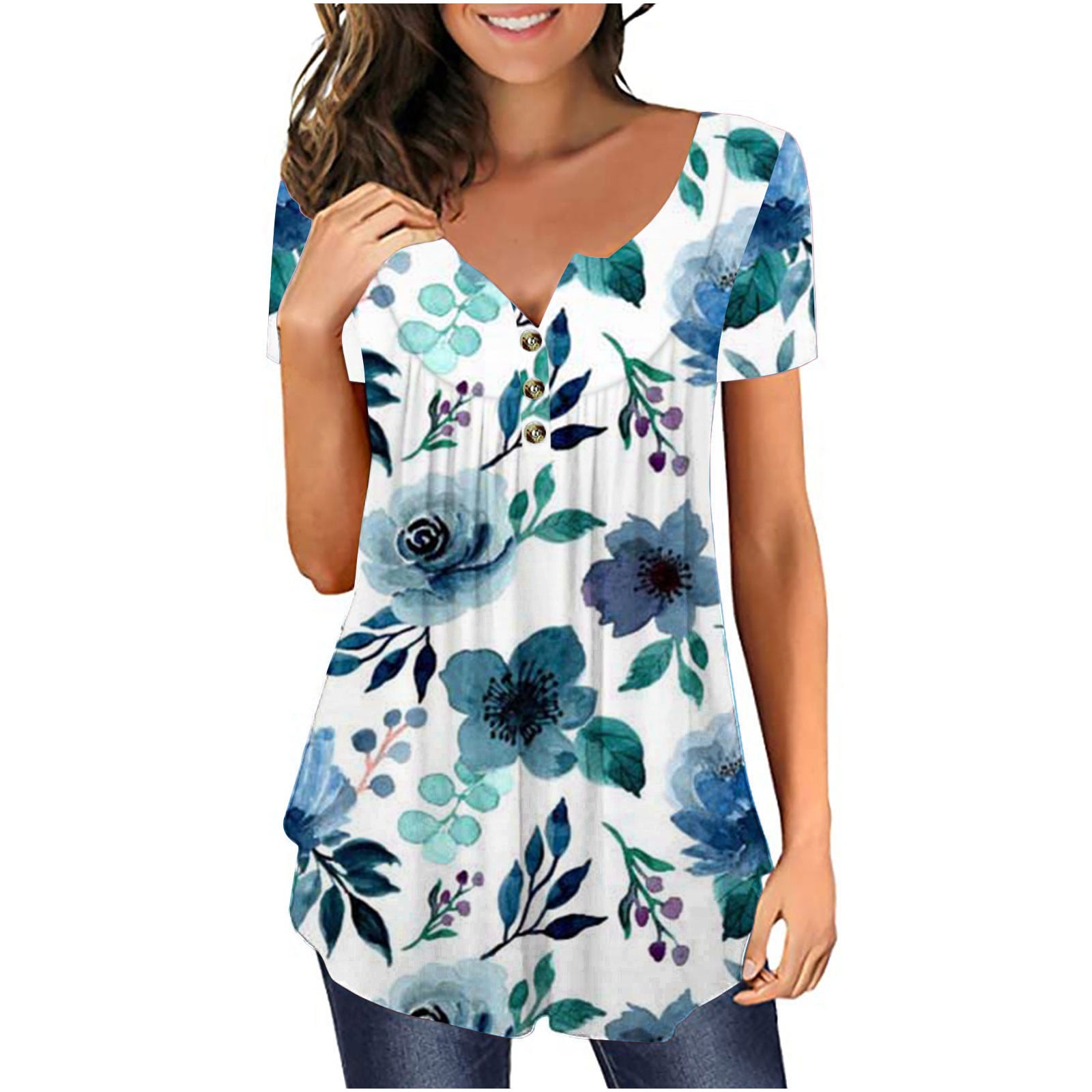 tklpehg Womens Tunic Tops Summer Trendy Short Sleeve T Shirts Buttons V Neck Hide Belly Tunic