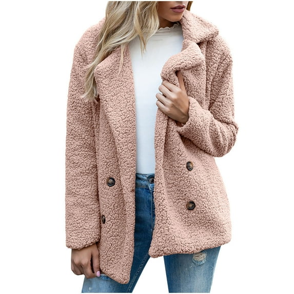 tklpehg Womens Winter Coat Long Sleeve Coats Ladies Turn Down Collar Coats Ladies Warm Jacket Winter Solid Turn Coat Down Collar Lambswoo Outerwear Pink XXL
