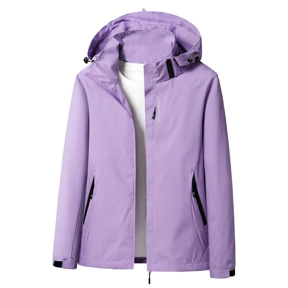 tklpehg Womens Winter Coats Single Layer Zipper Hooded Coat Outdoor Jackets Fall Coat Long Sleeve Loose Leisure Overcoat Solid Color Outwear Purple M