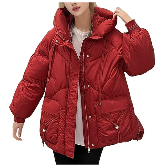 tklpehg Womens Winter Coats Zipper Hooded Down Cotton Jacket Pockets Overcoat Solid Color Leisure Loose Long Sleeve Fall Coat Outwear Red M