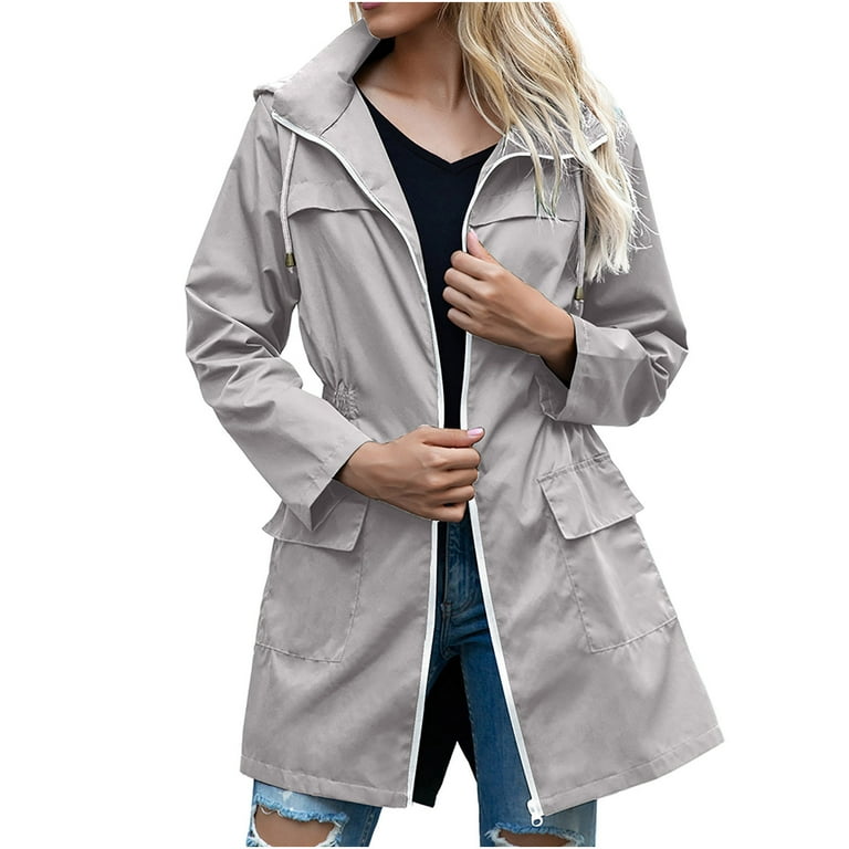 tklpehg Womens Winter Jackets Zipper Hooded Lightweight Outdoor Rainproof Coat Solid Color Overcoat Fall Coat Long Sleeve Loose Leisure Outwear Gray M