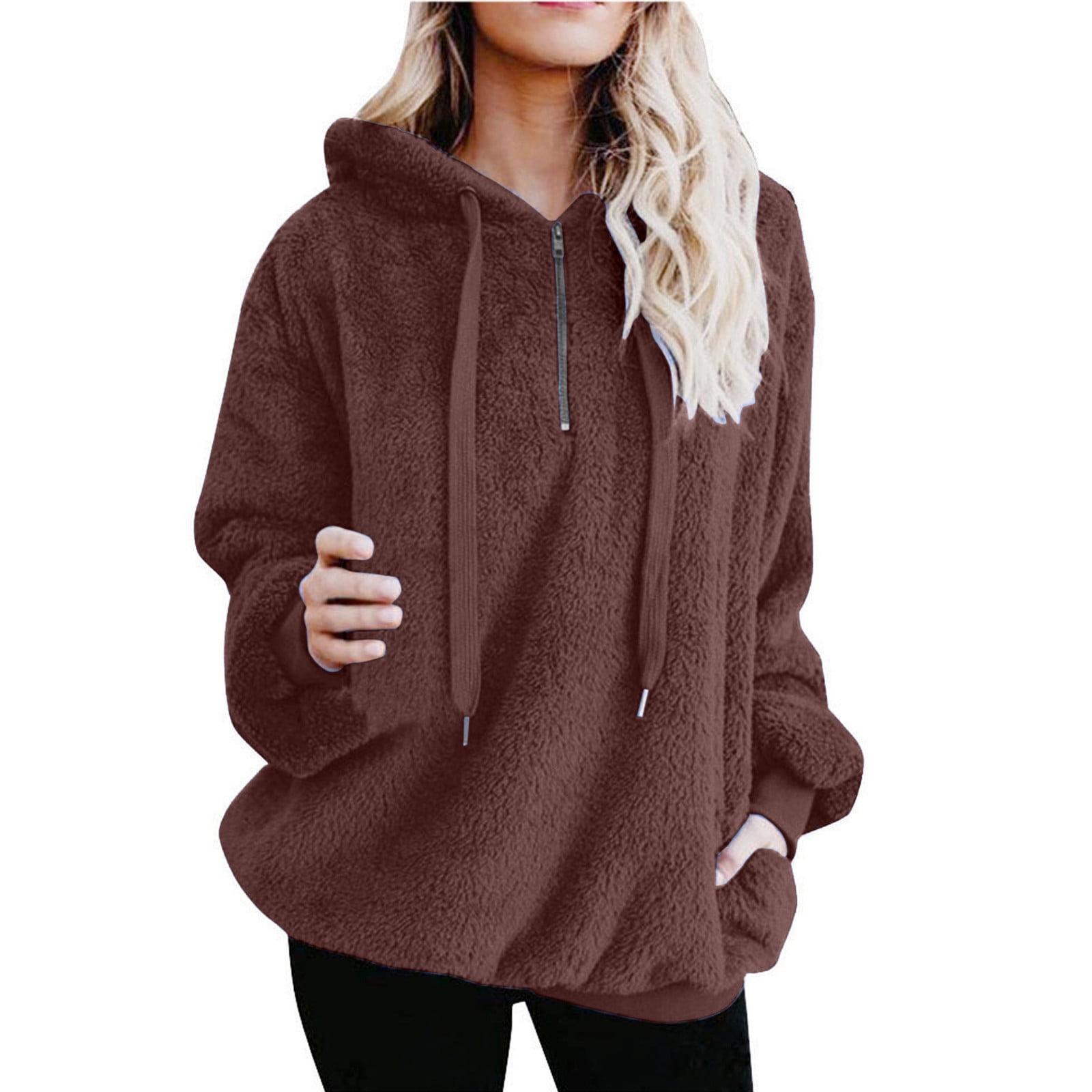 tklpehg Womens Winter Warm Fleece Hoodies Trendy Solid Color Casual  Sweatshirt Double-Sided Fleece Zipper Hooded Drawstring with Pocket  Sweatshirt