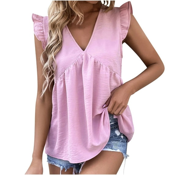 tklpehg Workout Tank Tops Woman Summer V-Neck Pleated Elegant Shirt Sleeveless Tee Shirt Vintage Solid Color Lightweight Loose Blouses Going Out Tops Casual Blouses (Pink,S)