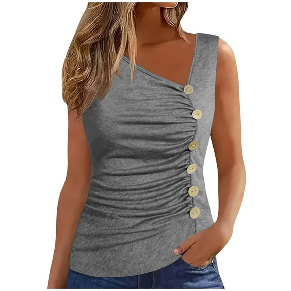 tklpehg Workout Tank Tops Woman Vintage Summer Lightweight Loose Blouses Solid Color Going Out Tops Casual V-Neck Button Pleated Tank Shirts Sleeveless Tee Shirt Tshirt (Gray,XL)