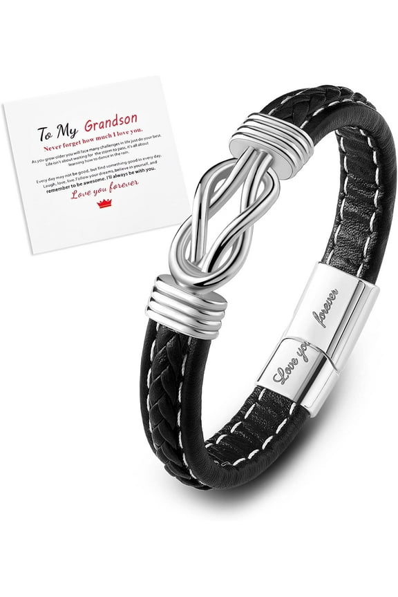 to My Grandson Leather Bracelet Love You Forever Leather Bracelet Black Inspirational Bangle Bracelet Graduation Birthday Gifts for Son Grandson