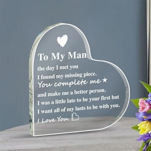 to My Man Gift, 4 x 4 inches Acrylic Heart Keepsake with I Love You, Birthday Gift for Boyfriend, Anniversary Valentine's Day Gift for Husband Men