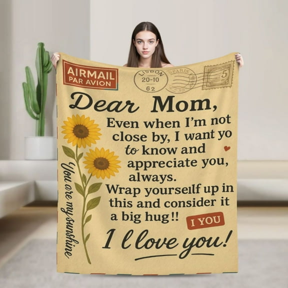 to My Mom Air Mail Throw Blanket, Personalized Mother Letter Blanket, Mom Gift from Daughter Son, Mothers Day, Birthday Gifts for Mum 50x40