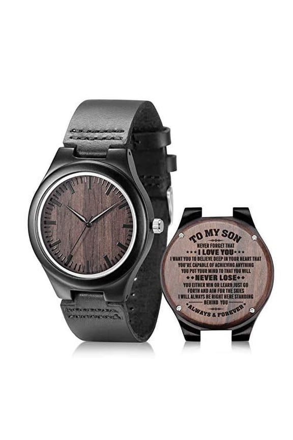 to My Son Engraved Watch Black Leather Strap Handmade Ebony Wooden Natural Custom Wood Watch for Son Birthday Graduation Gifts