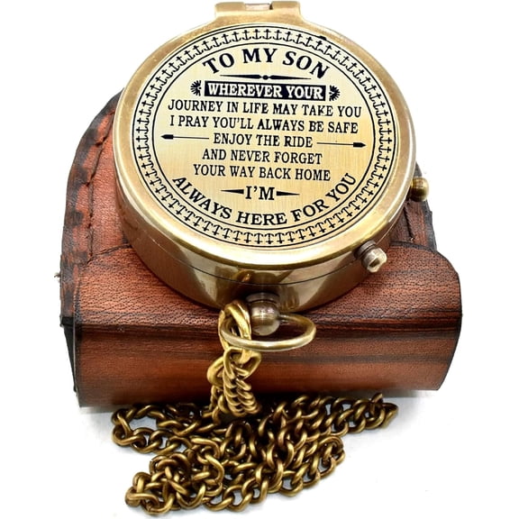 to My Son Engraved Solid Brass Compass with Leather Case & Chain Vintage Style Pocket Compass for Son | MoT mo Son Gift Compass | Bravement Gift | Graduation Gift | Birthday Gift