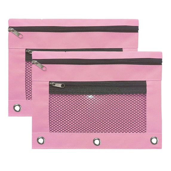 3-Ring Pencil Pouch, 2 Pack Pink Bulk Pencil Case, Pencil Bags with Zipper for Office Supplies Cosmetics, with Zipper & Reinforced Grommets Fabric Large Pencil Case for 3 Hole Binder