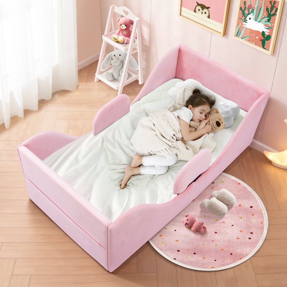 Toddler Bed, Toddler Floor Bed – Low-to-Ground Design with Detachable Guard Rails, Soft Upholstered Transition Bed, Standard Crib Size for kids Ages 1–6 (Pink)