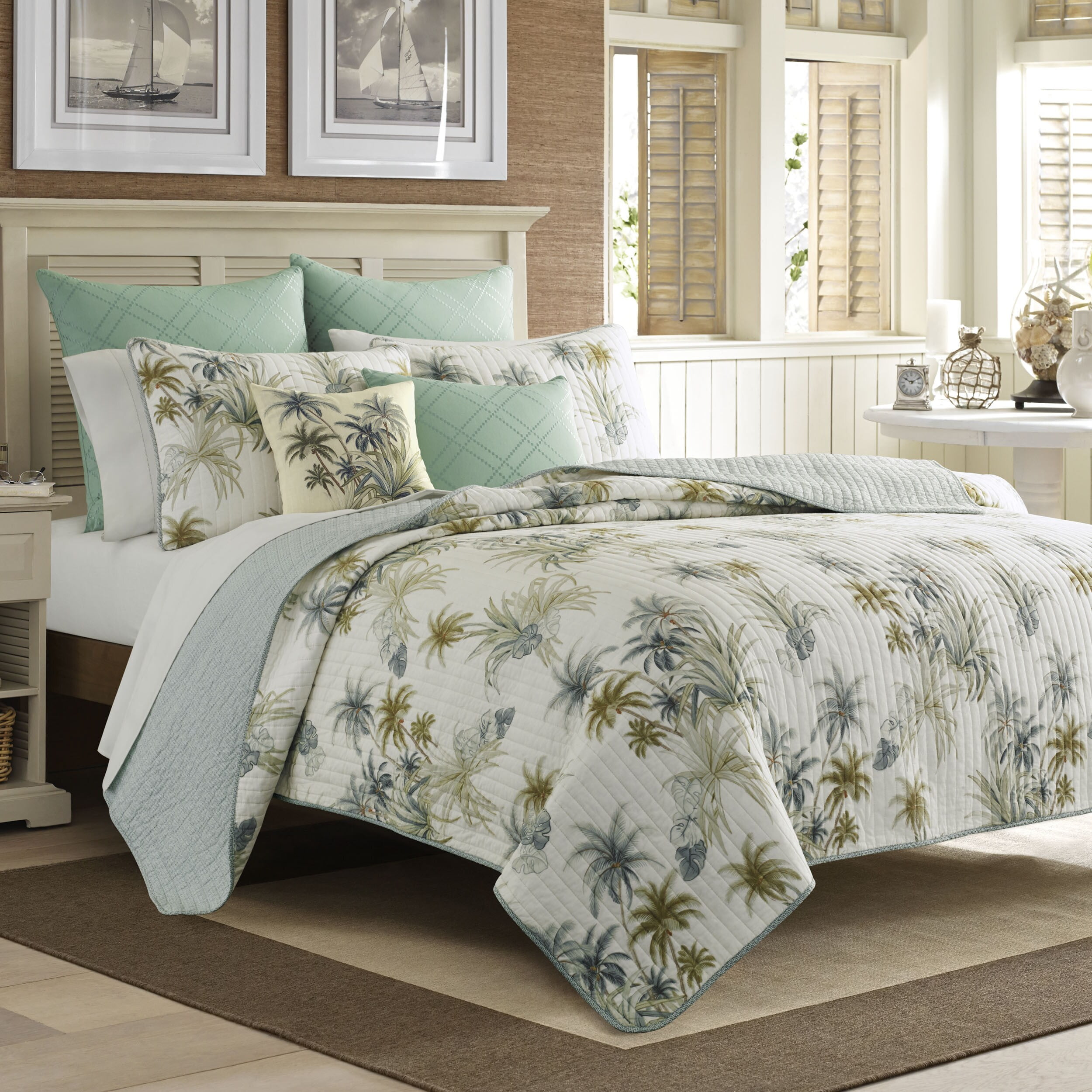 Standard Aqua Embroidered Cotton Sham Set with Tropical Design