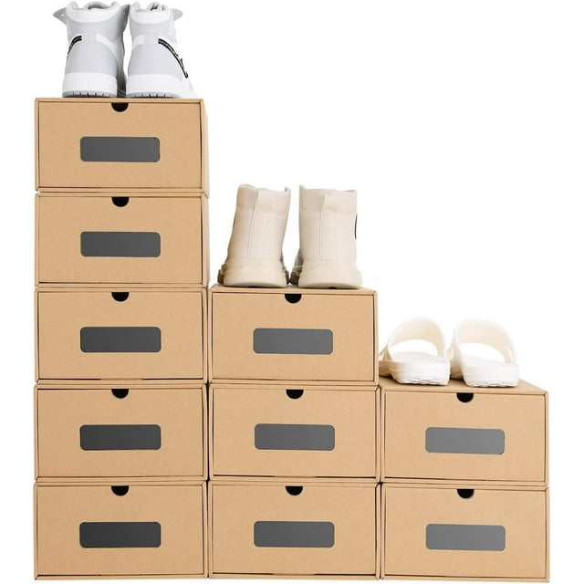 tonchean 10 Pack Cardboard Shoe Boxes Stackable Shoes Storage Organizer Kraft Drawer Boxes
