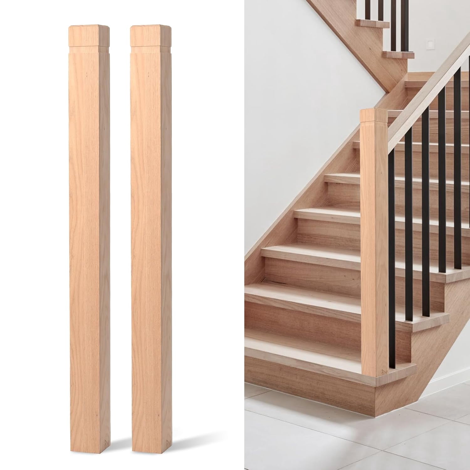 Red Balusters tonchean 2Pcs Solid Red Oak Stair Newel Post, 3.5 x 48 inch Wood ...