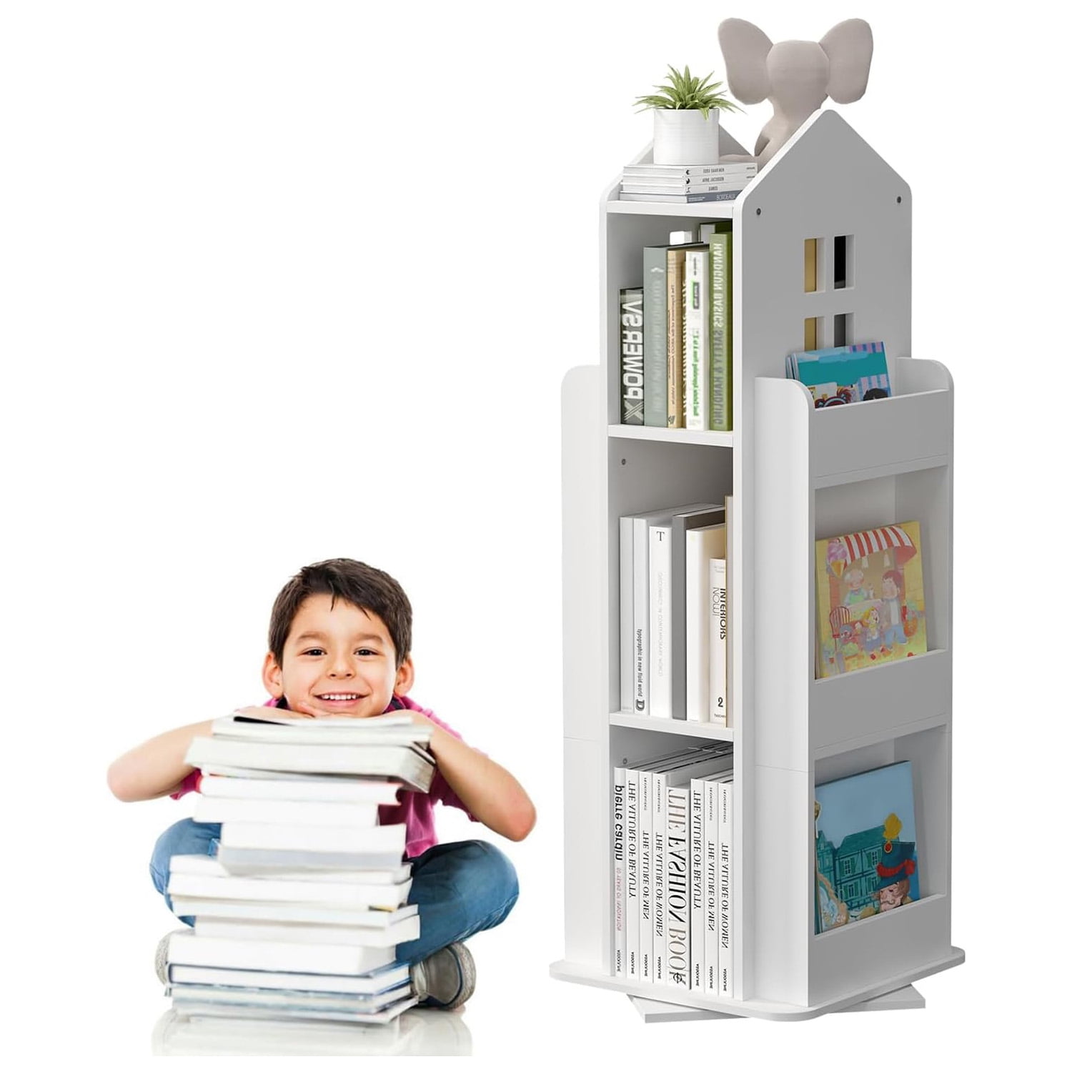 "Tonchean 360° Rotating Castle Bookcase, 37.4"" Kids Book & Toy Storage