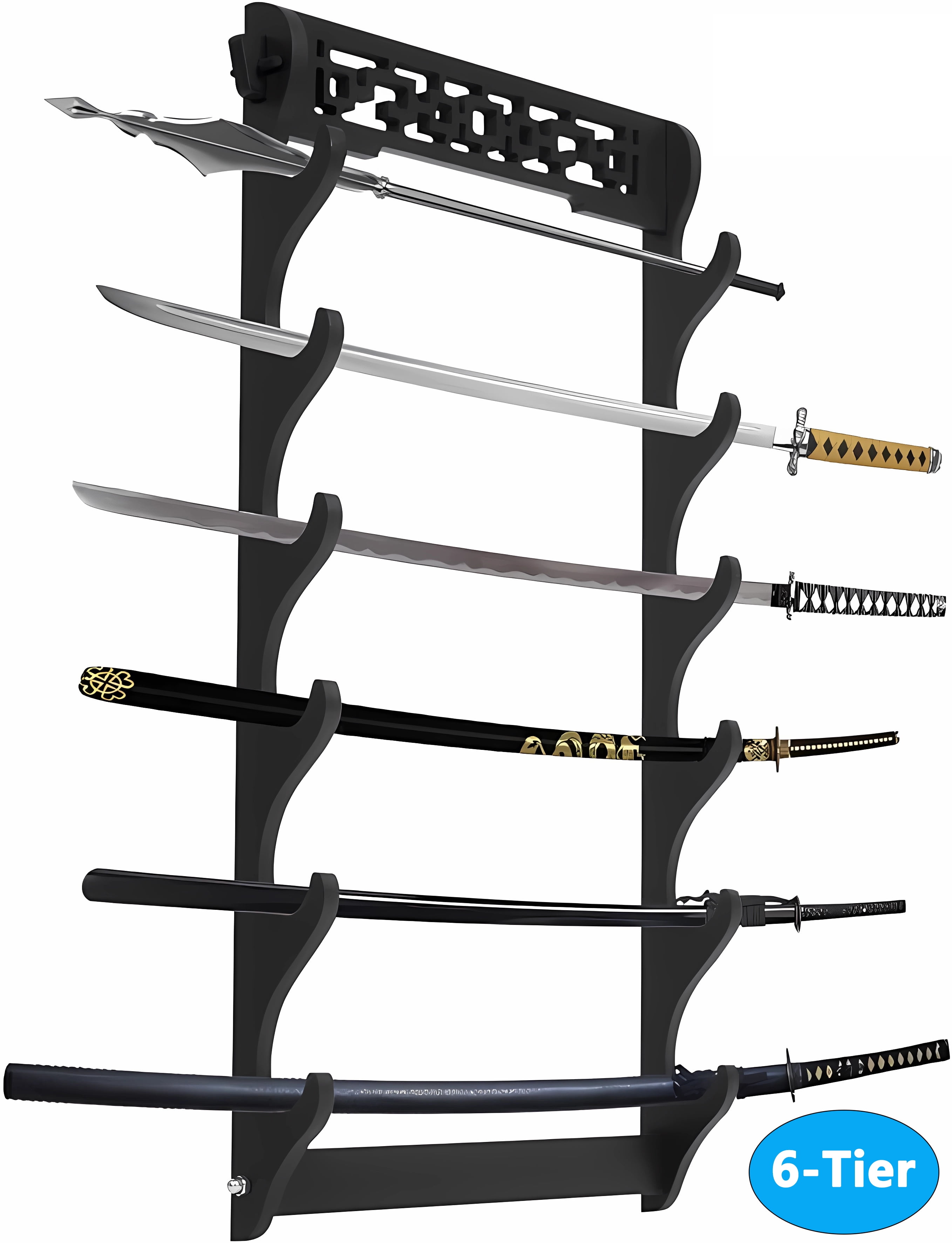 tonchean 6Tier WallMounted Sword Stand Black Samurai Katana Display Rack, Wall Hanger for